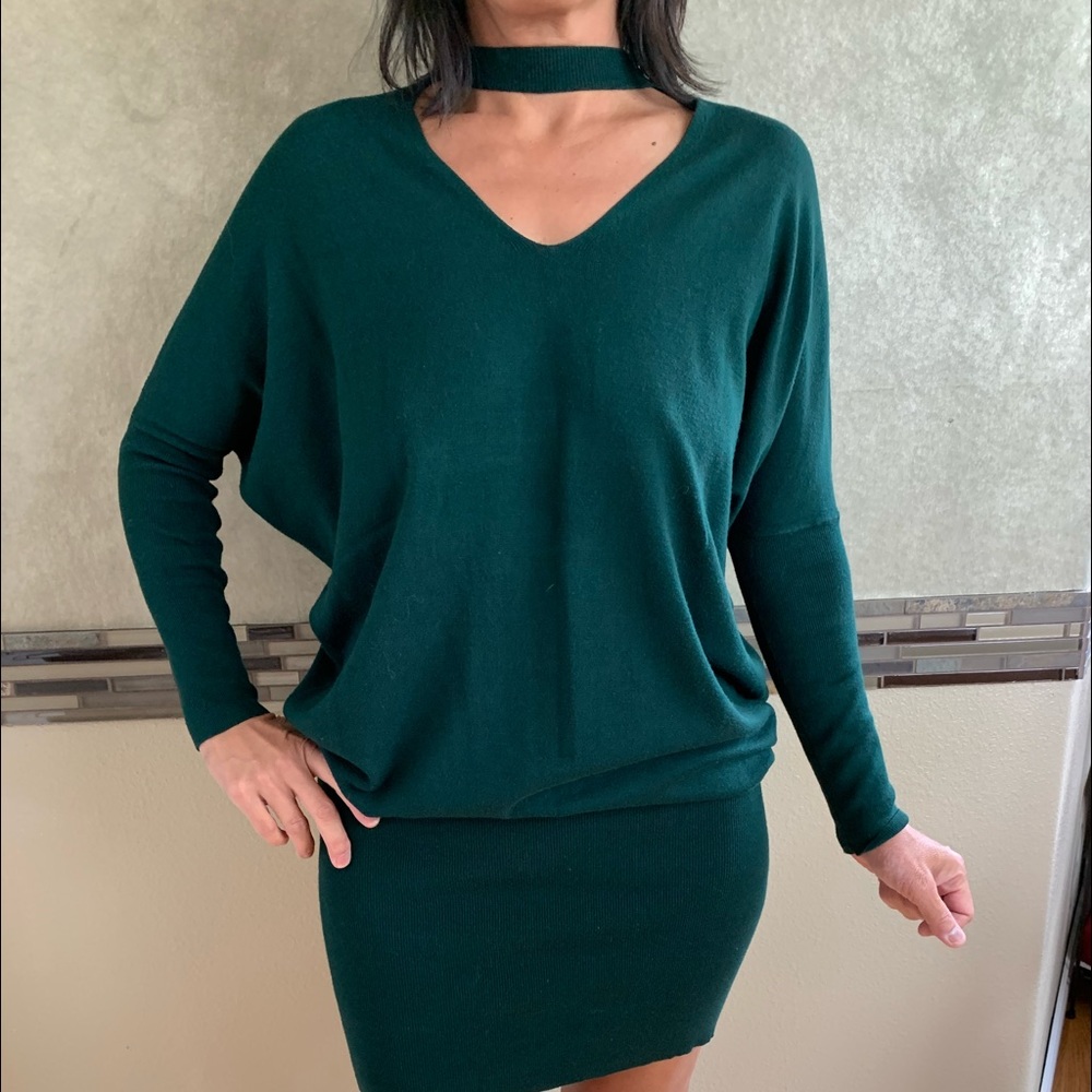 Zara knit mini sweater dress. Size M. Vneck with self choker. Deep hunter green